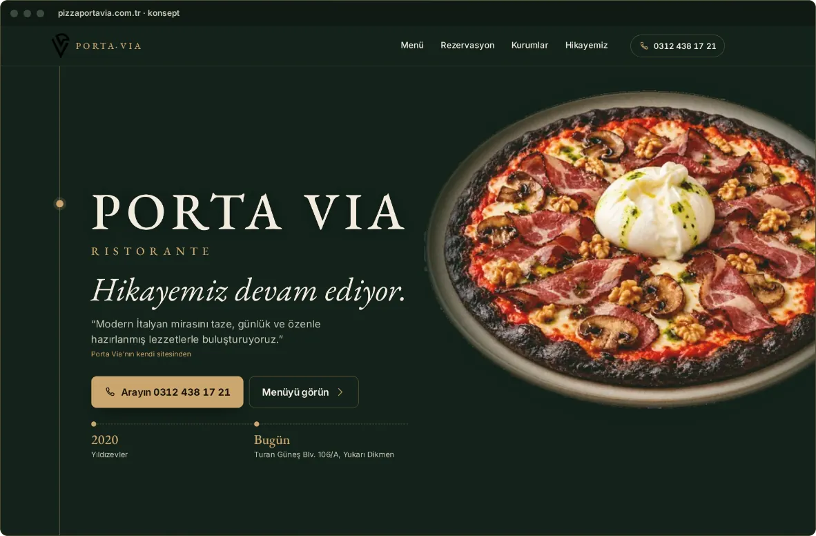 Web sitesi konsepti masaüstünde: PORTA VIA Ristorante, Hikayemiz devam ediyor ve Arayın 0312 438 17 21